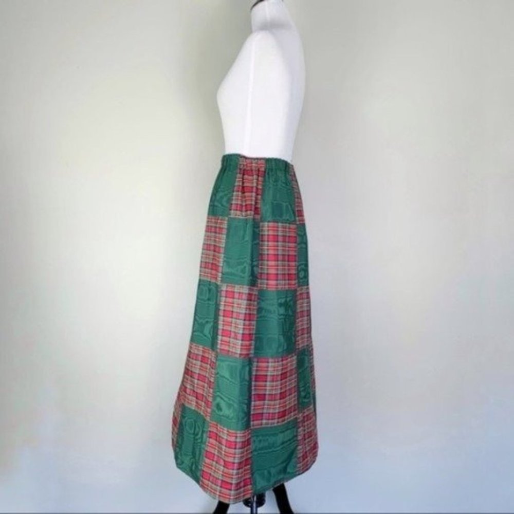 Vintage 70s Green & Red Plaid Satin Patchwork Maxi A-Line Skirt by Mr. Hank - Picture 5 of 8